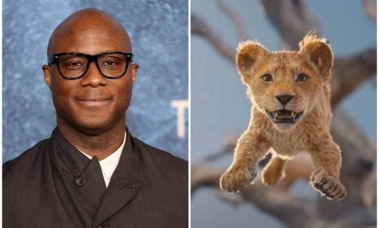 A split image: on the left, a smiling bald black man in glasses wearing a dark collared outfit against a textured blue backdrop. on the right, a young animated lion cub leaping joyfully mid-air against a blurred natural background.