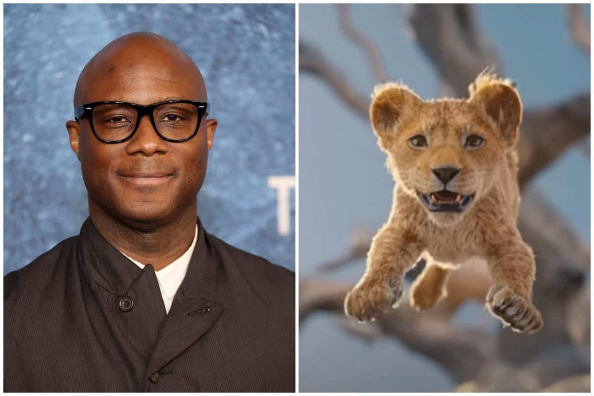 A split image: on the left, a smiling bald black man in glasses wearing a dark collared outfit against a textured blue backdrop. on the right, a young animated lion cub leaping joyfully mid-air against a blurred natural background.