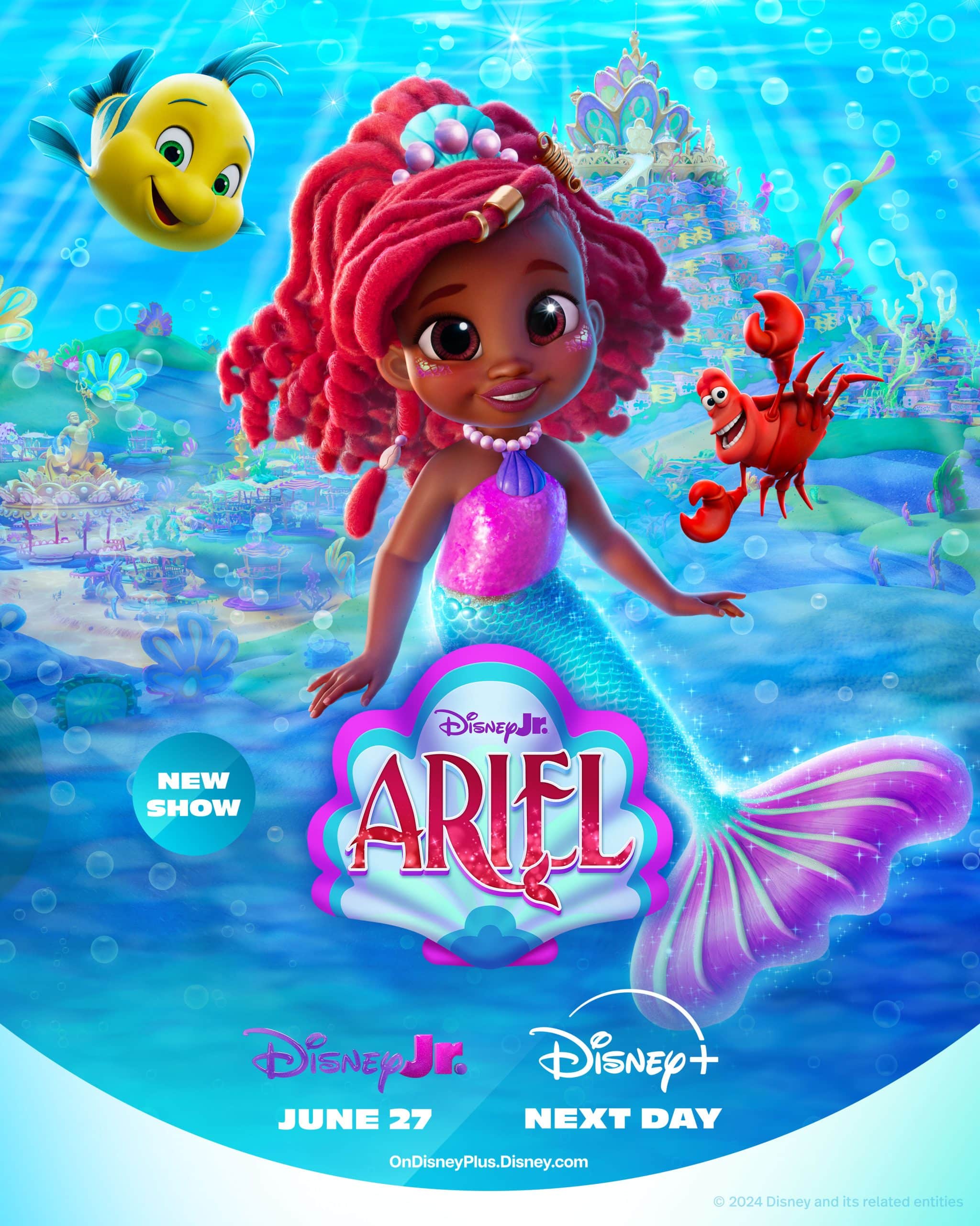 Colorful poster for the new Disney Junior show "Ariel" featuring a young mermaid with vibrant red hair and a purple tail, smiling underwater. A yellow fish and red crab accompany her. The background showcases an enchanting underwater kingdom. Premiering June 27 on Disney Junior and Disney+.