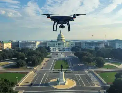 A drone hovers in the sky in front of the United States Capitol building in Washington, D.C. The Capitol's iconic dome is framed by blue skies and scattered clouds. The surrounding buildings, statues, and green lawns are visible below, with a large roundabout in the foreground.