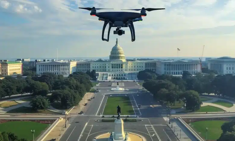 A drone hovers in the sky in front of the United States Capitol building in Washington, D.C. The Capitol's iconic dome is framed by blue skies and scattered clouds. The surrounding buildings, statues, and green lawns are visible below, with a large roundabout in the foreground.