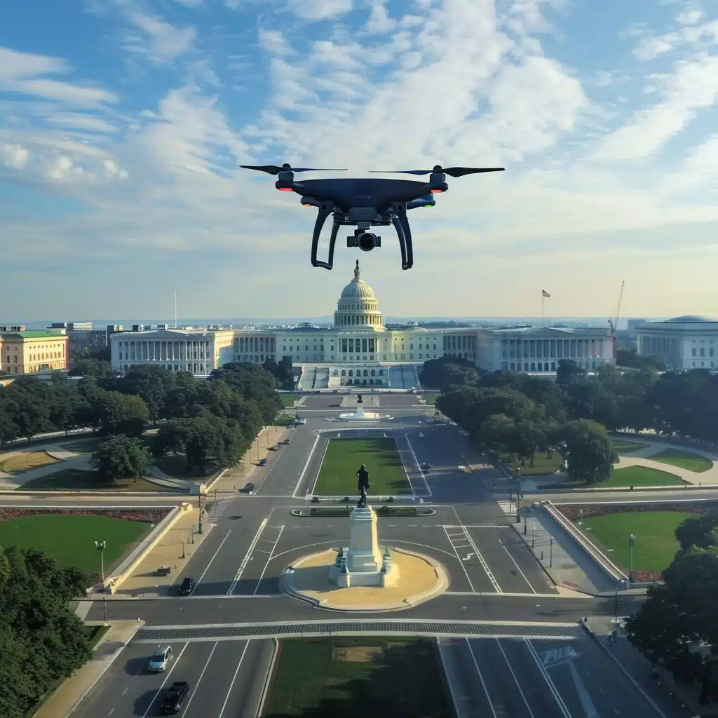 A drone hovers in the sky in front of the United States Capitol building in Washington, D.C. The Capitol's iconic dome is framed by blue skies and scattered clouds. The surrounding buildings, statues, and green lawns are visible below, with a large roundabout in the foreground.