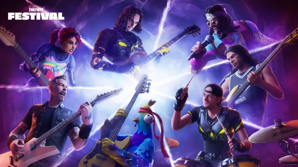 A dynamic scene from Fortnite Festival showcases six characters in a rock band setup with electric guitars and drums, surrounded by vibrant, colorful lighting. All characters are engaged in playing their instruments passionately, with energetic expressions and poses.