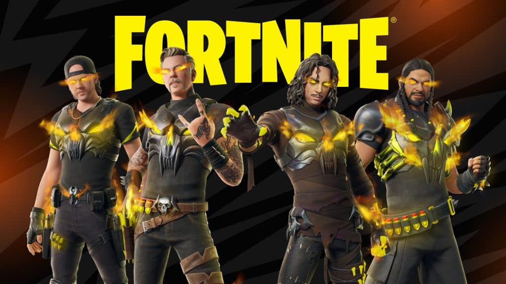 Four Fortnite characters stand in front of a backdrop with the Fortnite logo in yellow. They are dressed in black and gray armor with glowing orange highlights. Each character has yellow, glowing eyes and fierce expressions, suggesting they are ready for battle or adventure.