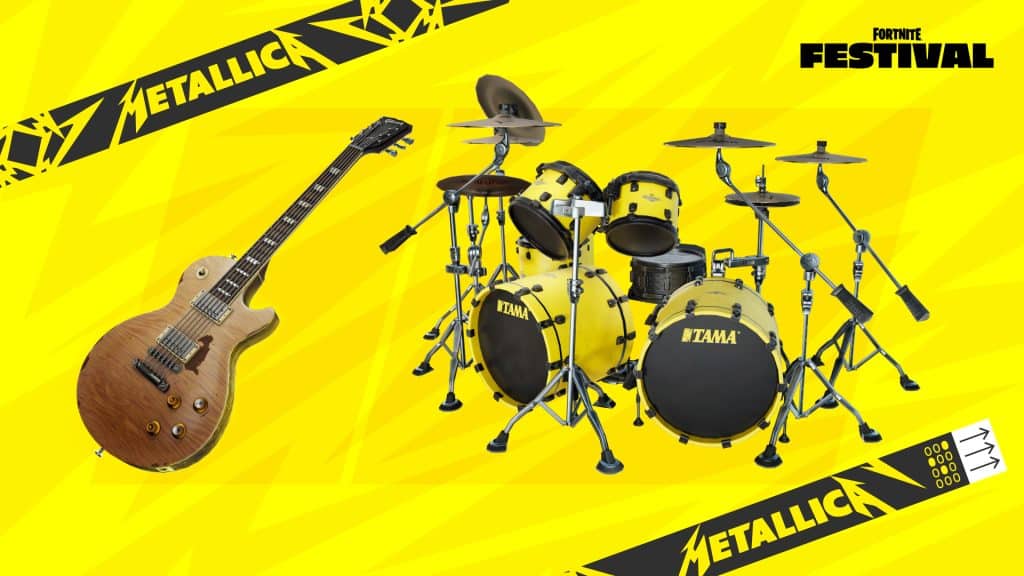 A yellow-themed image featuring a wooden electric guitar on the left and a yellow Yamaha drum set on the right. The background is bright yellow with "Metallica" and "Fortnite Festival" logos prominently displayed.