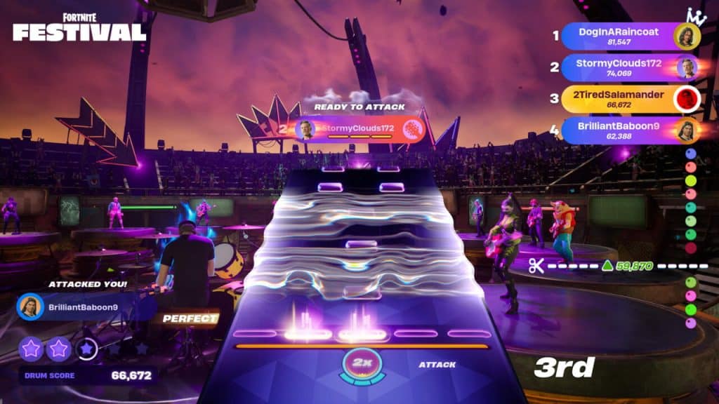 A video game screenshot of a "Fortnite Festival" concert scene. The interface shows a music rhythm game, with neon notes approaching the player to hit. Avatars in costumes are dancing on stage. There's a scoreboard on the right, showing players ranked, and “3rd” place is highlighted in the center.