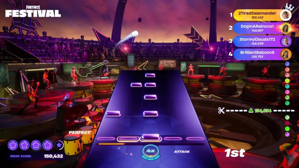 A vibrant, neon-lit video game scene from "Fortnite Festival" shows a rhythm-based gameplay interface. The screen displays a series of notes players must hit in time with the music. To the right, a leader scoreboard lists players and their scores. Various colorful stage effects are visible.