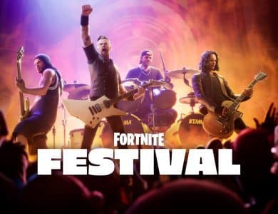 A dynamic image of four animated musicians playing instruments against a fiery, lava-like background. The lead guitarist raises a fist, another guitarist and bassist play intently, with a drummer at the back. The foreground has a cheering crowd with the text "Fortnite Festival" prominently displayed.