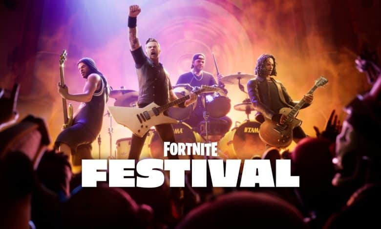 A dynamic image of four animated musicians playing instruments against a fiery, lava-like background. The lead guitarist raises a fist, another guitarist and bassist play intently, with a drummer at the back. The foreground has a cheering crowd with the text "Fortnite Festival" prominently displayed.