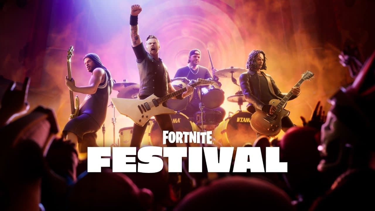 A dynamic image of four animated musicians playing instruments against a fiery, lava-like background. The lead guitarist raises a fist, another guitarist and bassist play intently, with a drummer at the back. The foreground has a cheering crowd with the text "Fortnite Festival" prominently displayed.