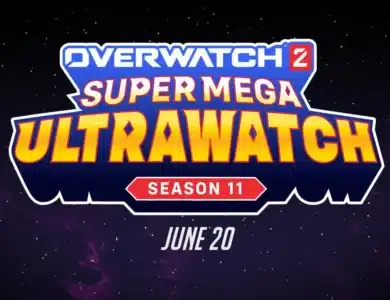 The image features a promotional graphic for Overwatch 2's Season 11, titled "Super Mega Ultrawatch." The text is stylized in bold, vibrant colors with a cosmic background speckled with stars. Below the season title, it states the release date: "June 20.