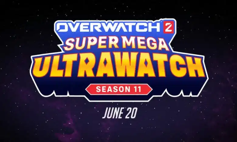 The image features a promotional graphic for Overwatch 2's Season 11, titled "Super Mega Ultrawatch." The text is stylized in bold, vibrant colors with a cosmic background speckled with stars. Below the season title, it states the release date: "June 20.