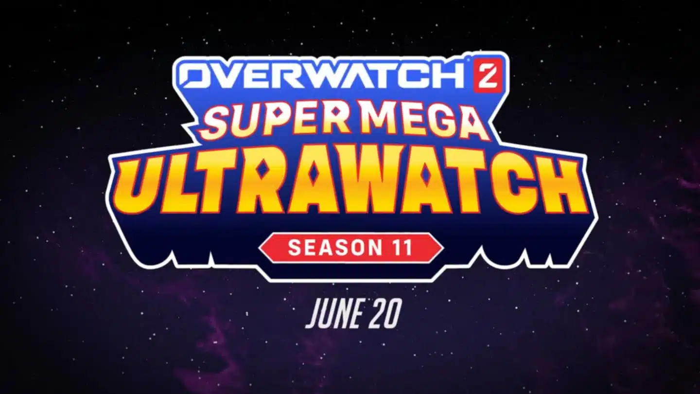 The image features a promotional graphic for Overwatch 2's Season 11, titled "Super Mega Ultrawatch." The text is stylized in bold, vibrant colors with a cosmic background speckled with stars. Below the season title, it states the release date: "June 20.