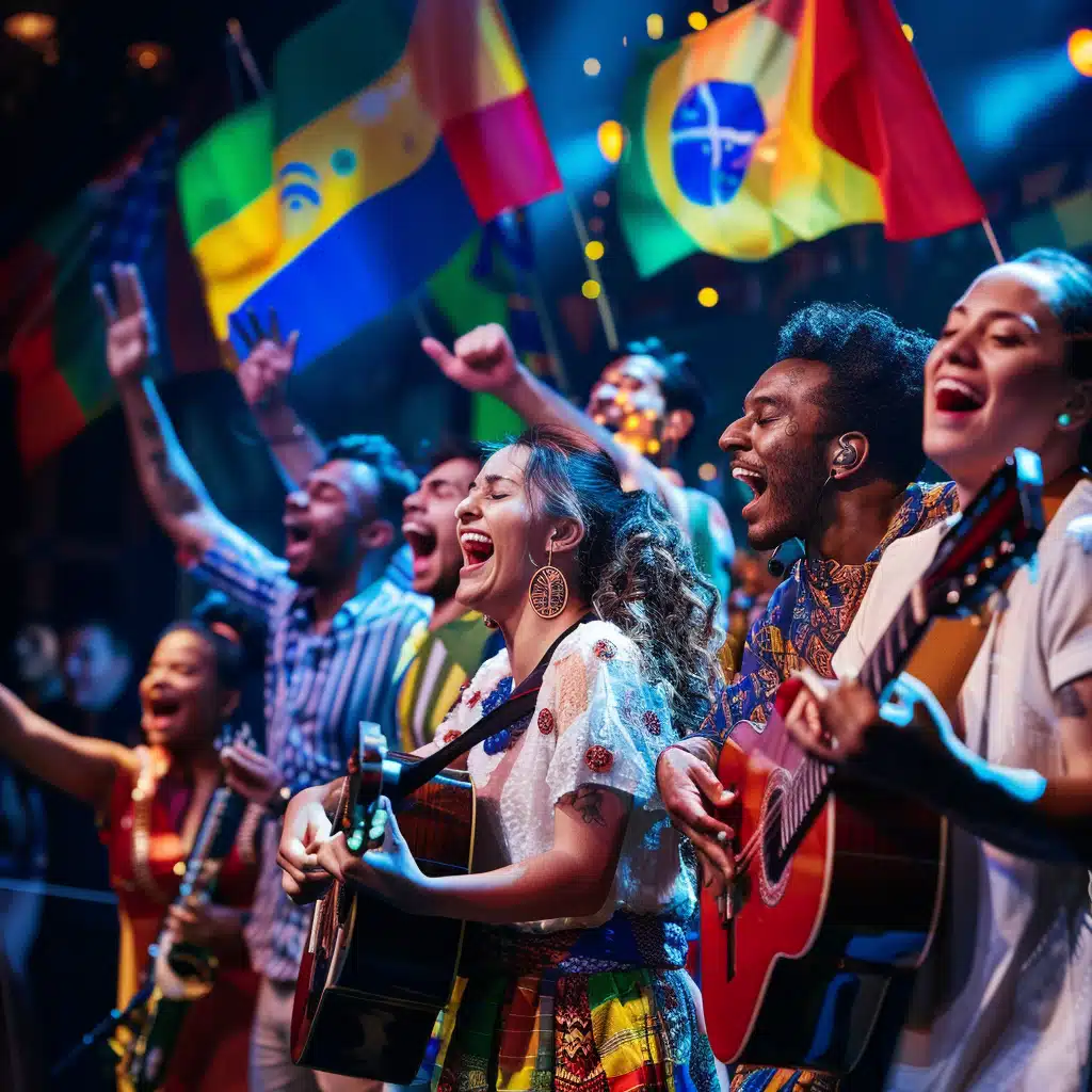 A diverse group of enthusiastic musicians and singers joyfully perform under vibrant stage lights. They play guitars and other instruments, with colorful flags of various countries, including Brazil, waving in the background, creating a lively and multicultural concert atmosphere.