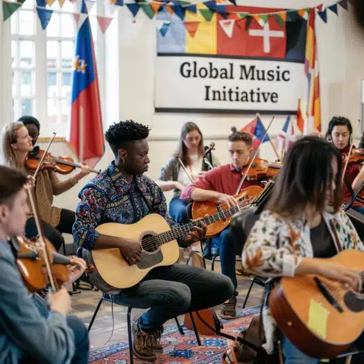 A diverse group of musicians perform in a room decorated with international flags. The scene features violinists, a cellist, and guitarists, with one musician playing a guitar in the center. A banner reading "Global Music Initiative" is visible in the background. They are seated, immersed in playing music.