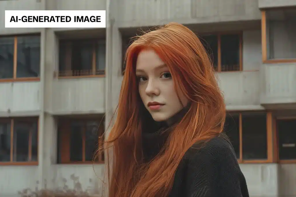 A person with long, bright red hair wearing a black top stands outdoors. The background features a grey building with multiple windows and balconies. The person looks directly at the camera with a calm expression. A label in the top left corner reads "AI-GENERATED IMAGE.