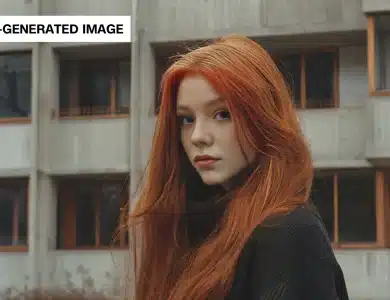 A person with long, bright red hair wearing a black top stands outdoors. The background features a grey building with multiple windows and balconies. The person looks directly at the camera with a calm expression. A label in the top left corner reads "AI-GENERATED IMAGE.