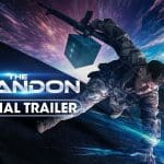 The image is a cover for "The Abandon" official trailer. It depicts a soldier in camouflage gear and holding a rifle, climbing or falling amidst glowing, angular shapes and vibrant light streaks. The text reads "The Abandon" and "Official Trailer," placed prominently on the left side.