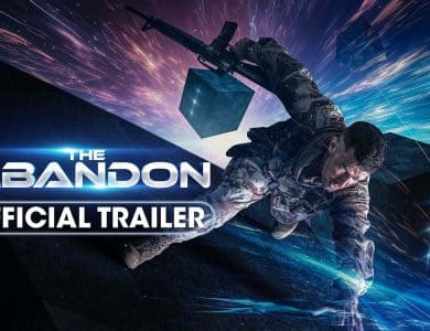 The image is a cover for "The Abandon" official trailer. It depicts a soldier in camouflage gear and holding a rifle, climbing or falling amidst glowing, angular shapes and vibrant light streaks. The text reads "The Abandon" and "Official Trailer," placed prominently on the left side.