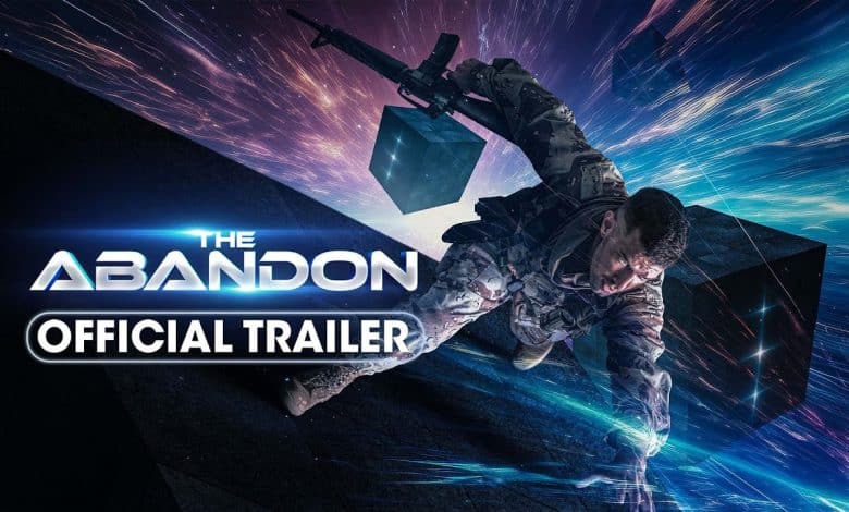 The image is a cover for "The Abandon" official trailer. It depicts a soldier in camouflage gear and holding a rifle, climbing or falling amidst glowing, angular shapes and vibrant light streaks. The text reads "The Abandon" and "Official Trailer," placed prominently on the left side.