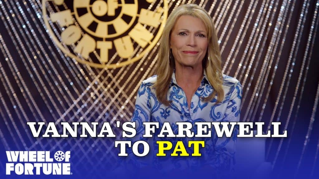 Vanna White, with long blonde hair and wearing a blue and white patterned blouse, smiles in front of a sparkly, light-studded background. The "Wheel of Fortune" logo is partially visible at the top. Text at the bottom reads "Vanna's Farewell to Pat" alongside the show's logo.