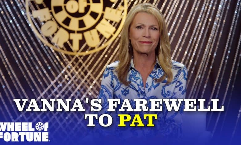 Vanna White, with long blonde hair and wearing a blue and white patterned blouse, smiles in front of a sparkly, light-studded background. The "Wheel of Fortune" logo is partially visible at the top. Text at the bottom reads "Vanna's Farewell to Pat" alongside the show's logo.