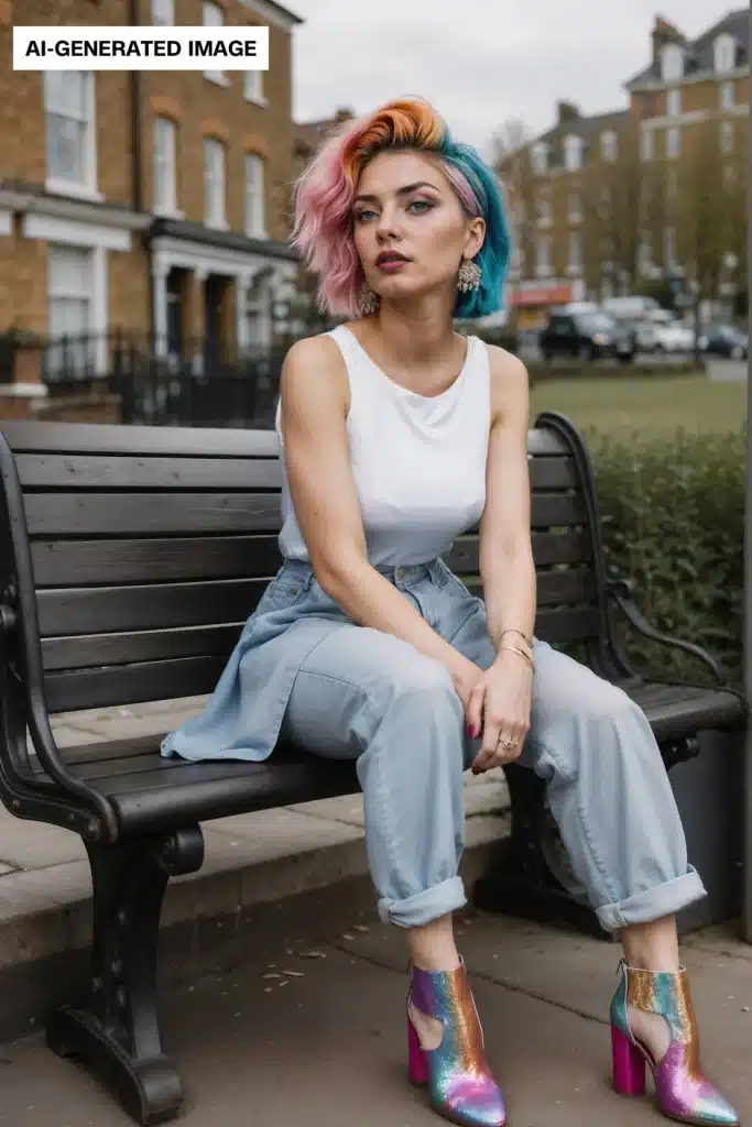 A person with vibrant multicolored hair, featuring hues of blue, pink, and orange, sits on a park bench. They wear a white sleeveless top, blue high-waisted jeans, and shiny, multicolored high-heeled boots. The background showcases a row of brick buildings and greenery. The image is AI-generated.