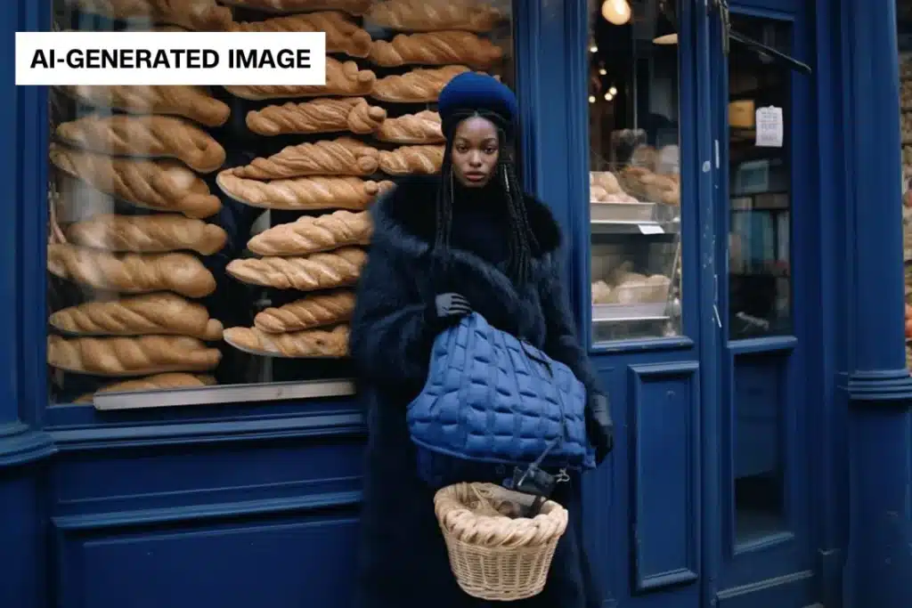 A young woman in a dark fur coat and blue beret, holding a blue quilted handbag and a basket of baguettes, stands in front of a bakery with a window display full of stacked baguettes. The storefront is painted in a deep blue color. "AI-GENERATED IMAGE" text is displayed in the top left corner.