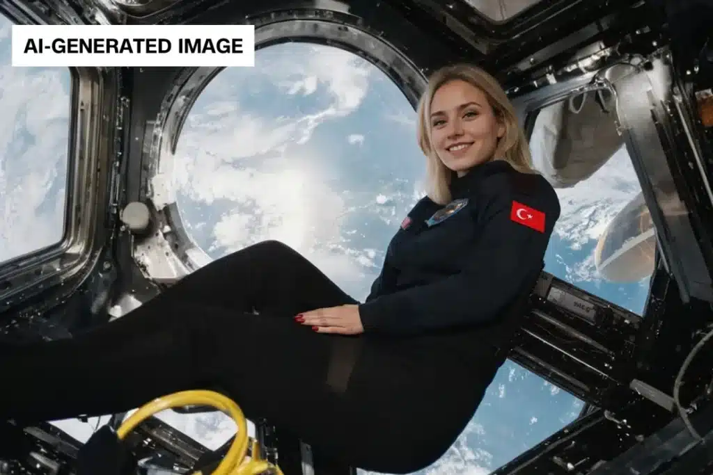 A woman with blonde hair is smiling inside an orbiting spacecraft, posing near a circular window showing Earth in the background. She is wearing a dark outfit with a Turkish flag patch on the arm. The scene outside the window features blue oceans and white clouds over the planet.