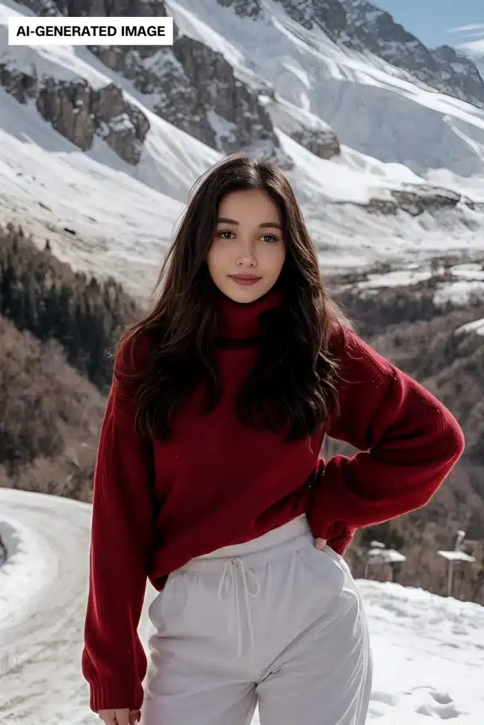 A woman with long dark hair stands on a snowy mountain path. She wears a red turtleneck sweater and white pants. Snow-covered slopes and rocky peaks are visible in the background. The sky is clear and blue. In the top left corner, there is a label that reads "AI-GENERATED IMAGE.