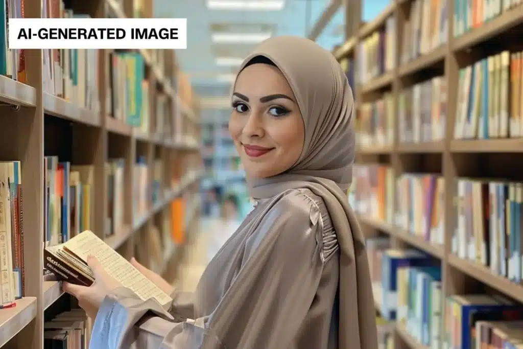 A woman wearing a gray hijab and a matching outfit, smiling while standing in a library aisle. She is holding an open book and looking over her shoulder towards the camera. The bookshelves behind her are filled with books, and the lighting is bright. Text overlay reads "AI-GENERATED IMAGE.