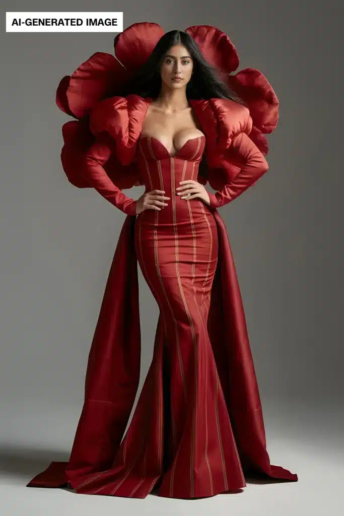 A woman models a striking, form-fitting red evening gown with gold vertical stripes. The gown has dramatic, oversized red floral-like shoulder designs extending outward, adding volume and elegance. Her long, dark hair cascades over her shoulders as she poses gracefully against a plain grey backdrop.