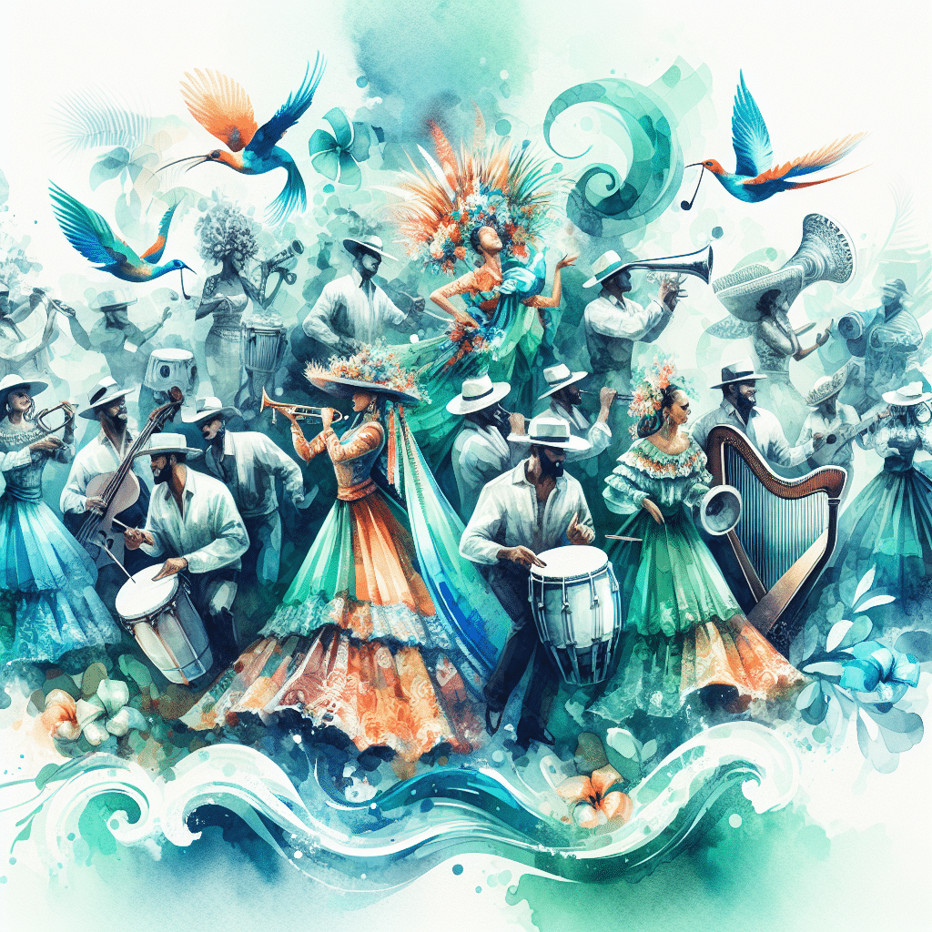 Vibrant artistic depiction of a lively Latin American dance scene. Musicians play various instruments including drums, a trumpet, and a harp, while dancers in colorful, ornate costumes move gracefully. Surrounding them are vivid tropical birds and swirling abstract patterns.