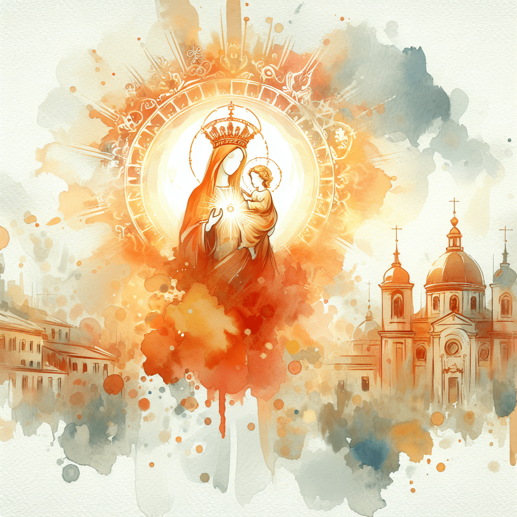 A watercolor painting features a radiant Virgin Mary cradling baby Jesus, both inside a luminous halo. The background blends splashes of warm colors, creating an ethereal atmosphere. On the right, there are watercolor sketches of European-style domed churches.