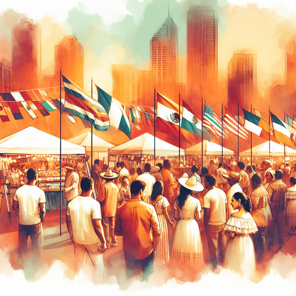 A vibrant scene at an Latino Heritage Festival in a city. People in traditional attire walk among white tents under various national flags. The background features tall skyscrapers bathed in warm, diffused sunlight, creating a colorful and lively atmosphere filled with cultural diversity.
