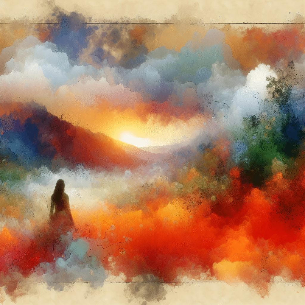 An ethereal watercolor painting depicts a solitary figure standing in a vibrant abstract landscape. The sky is filled with swirling hues of orange, blue, and gray, while lush fields of red, yellow, and green stretch out below. The sun sets behind distant mountains, casting a warm glow.