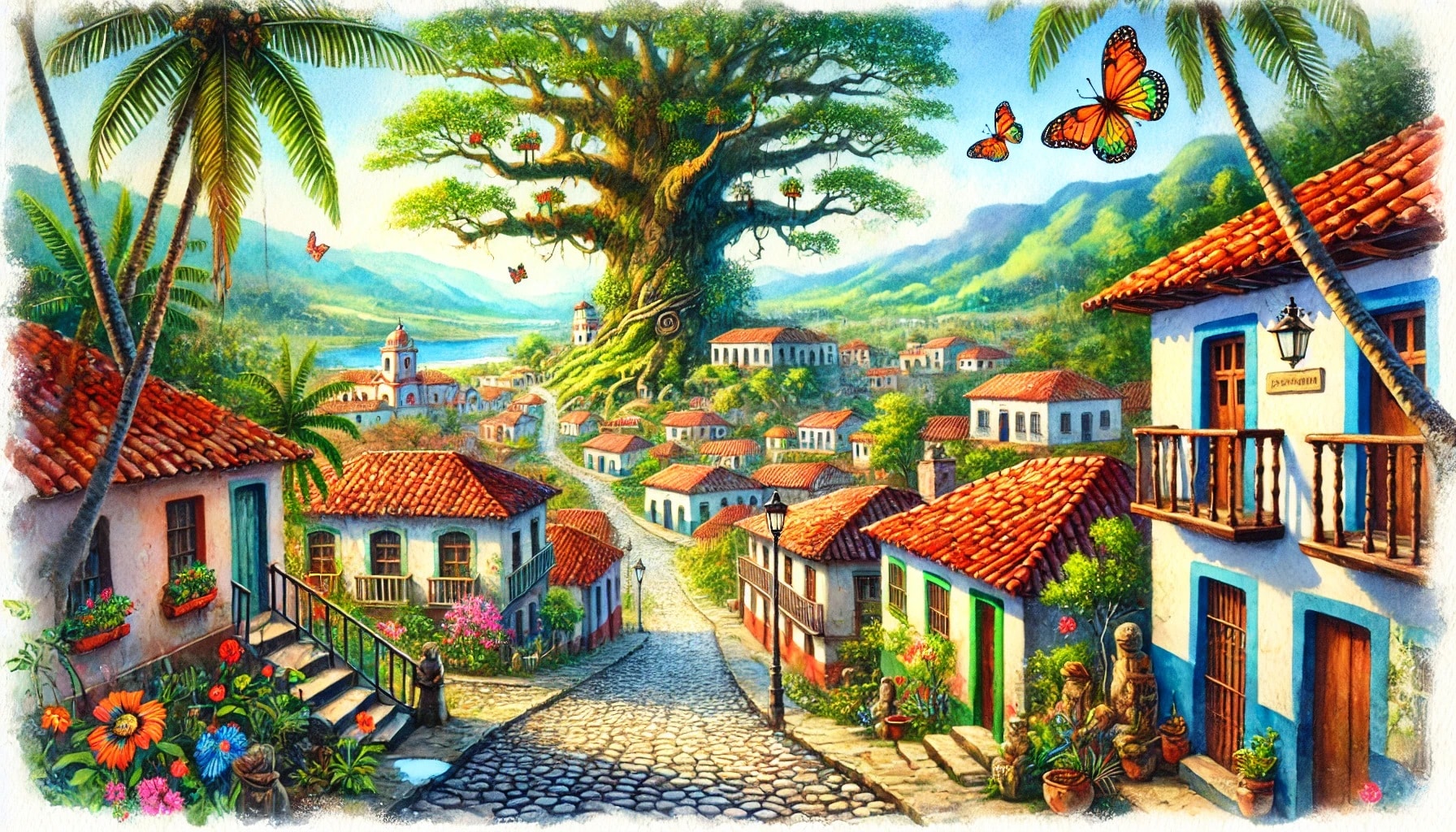 Macondo, A vibrant, tropical village with colorful, red-roofed houses lines a cobblestone street. Lush, blooming flowers decorate the balconies. At the center, a massive, ancient tree with a sprawling canopy towers over the village, reminiscent of scenes from Gabriel García Márquez's One Hundred Years of Solitude.