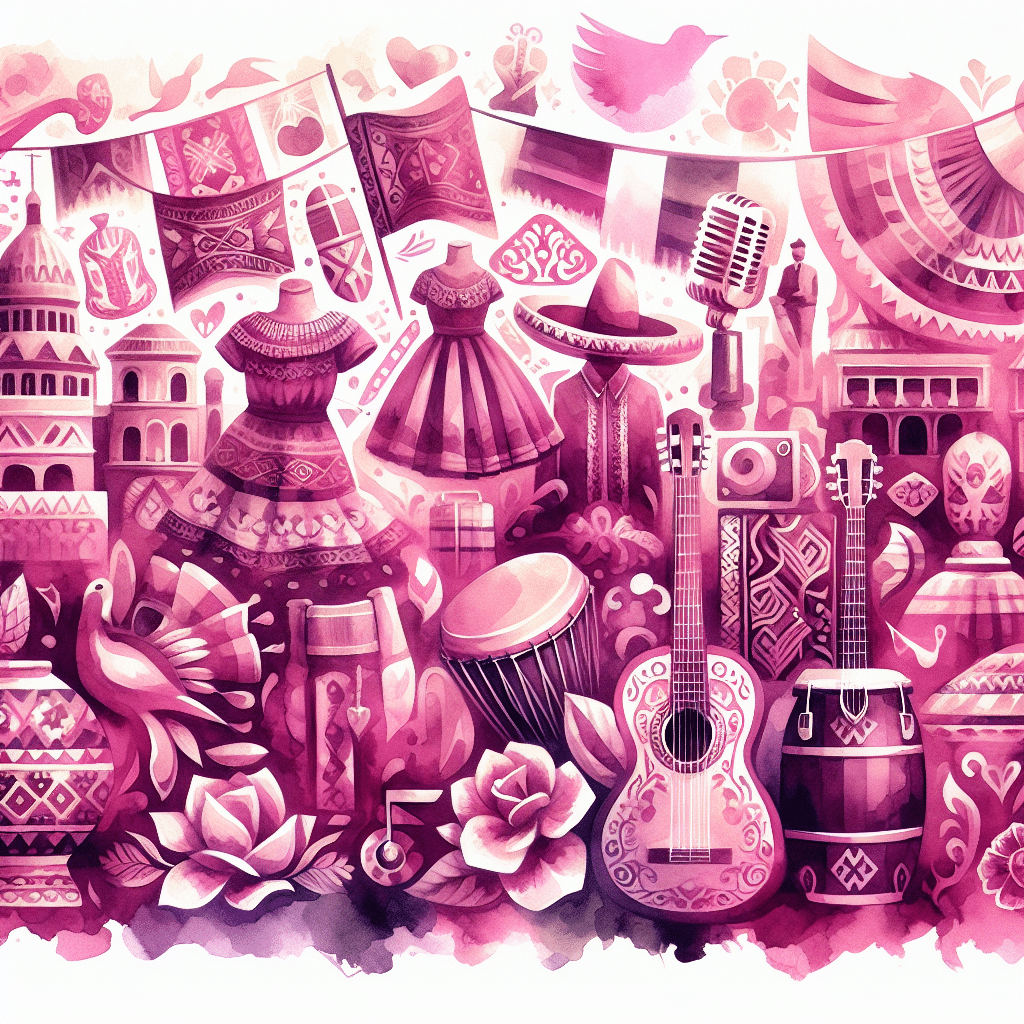 A vibrant illustration showcases a collection of cultural artifacts, including traditional dresses, musical instruments like a guitar and drums, pottery, architectural landmarks, and decorative elements, all in shades of pink and purple. The scene exudes a lively, celebratory atmosphere.