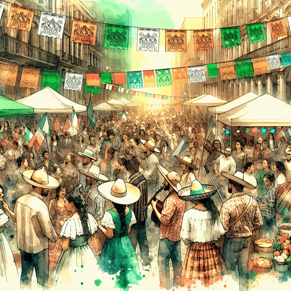 A bustling street scene depicts a lively festival with people celebrating, colorful papel picado hanging overhead, and stalls lining the street. Musicians dressed in traditional attire play instruments, and many attendees wear festive clothing. Mexican flags and vibrant decorations adorn the area.