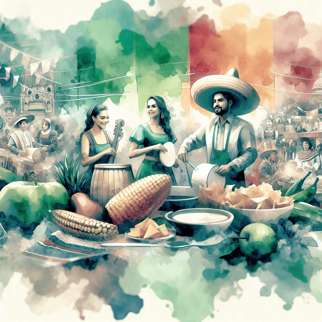 A vibrant illustration captures a lively Mexican fiesta. Three musicians in traditional attire play maracas, drums, and a guitar against a backdrop of the Mexican flag. Celebrating Hispanic Heritage Month, the foreground showcases an array of typical Mexican foods including corn, avocados, and tortilla chips with dip.