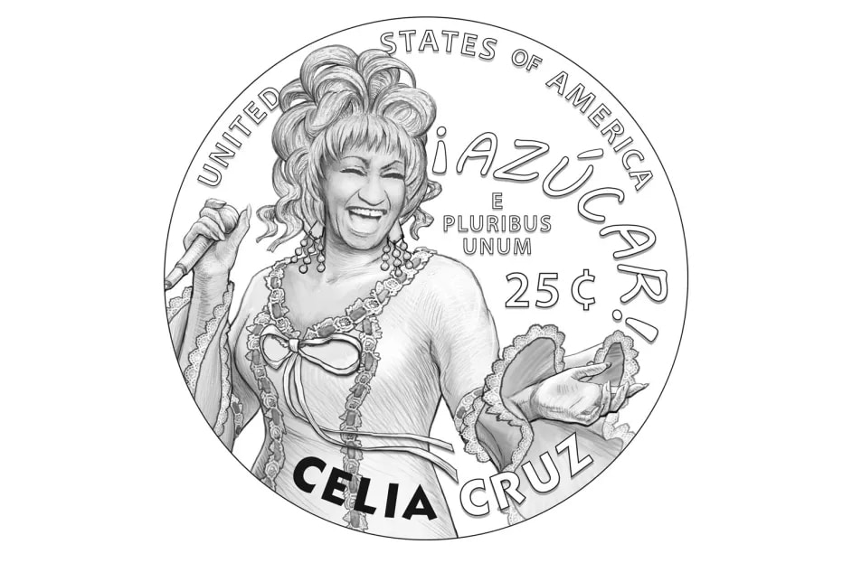 A grayscale image of a commemorative coin. It features a woman in a ruffled dress holding a microphone and smiling joyfully. The inscriptions include "UNITED STATES OF AMERICA," "¡AZÚCAR!," "E PLURIBUS UNUM," "25¢," and "CELIA CRUZ.