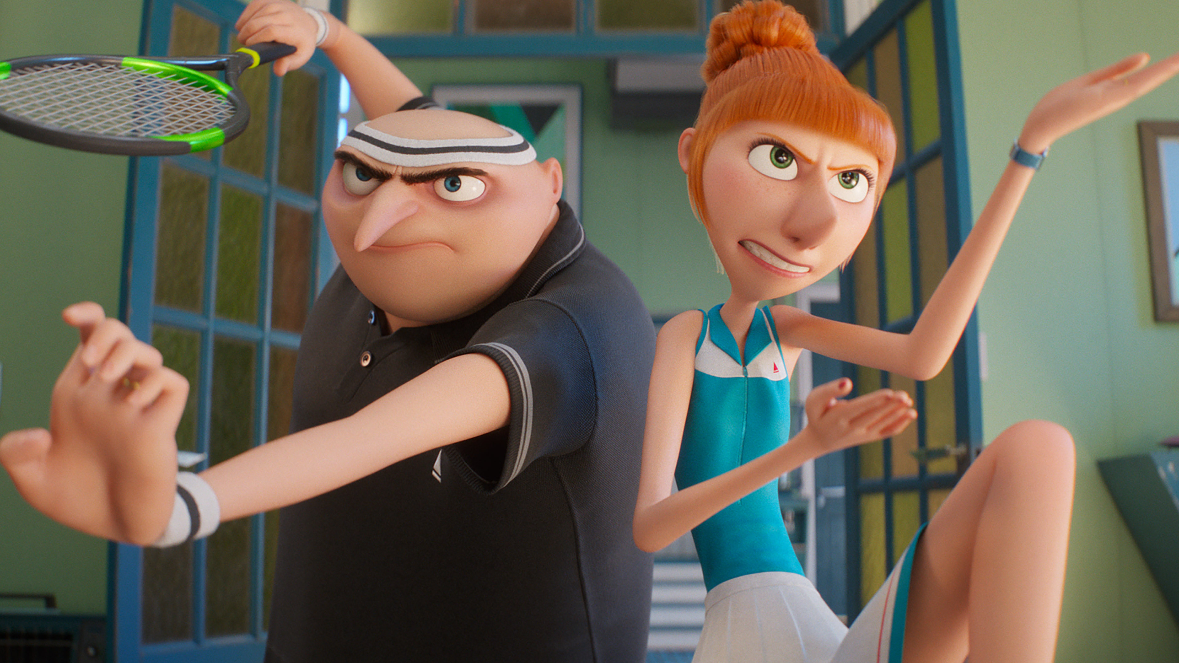 A bald man with a black polo shirt and wristbands holds a tennis racket, poised to swing, while a red-haired woman in a blue and white tennis outfit strikes a dynamic pose beside him. They appear determined and intense, set against a brightly lit doorway, reminiscent of an action scene from Despicable Me 4.