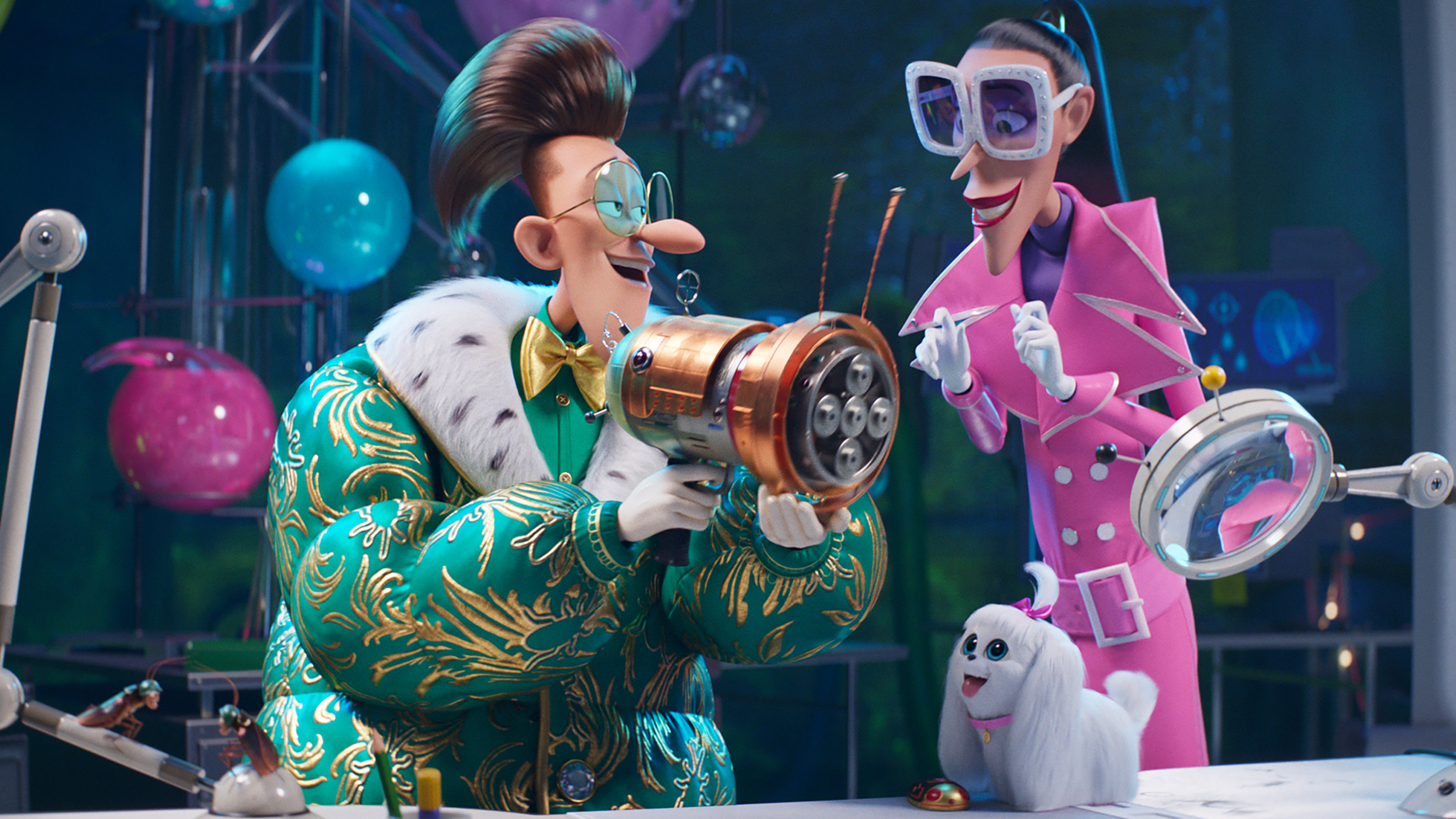 Two animated characters in a flashy, futuristic lab. The man with slicked-back hair, green glasses, and a green furry-shouldered coat holds a high-tech device. A woman in a pink coat and oversized glasses excitedly points at it while a fluffy white dog with a red bow stands on the table, reminiscent of Steve Carell's quirky roles.
