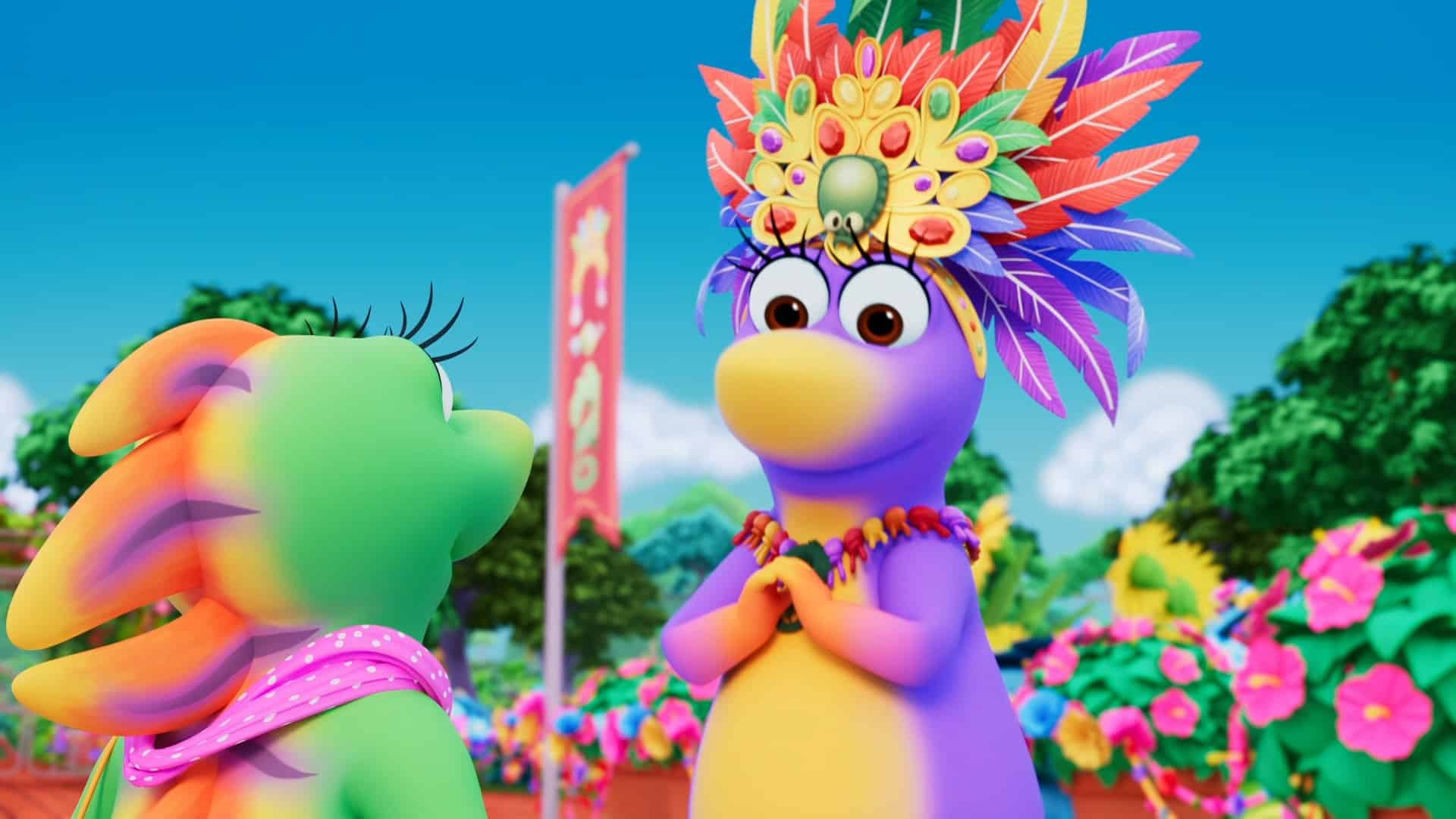 A colorful scene featuring two animated dinosaur characters. The character on the left is green with rainbow-colored spikes and long lashes, wearing a pink scarf. The character on the right is purple with a yellow belly, adorned with a vibrant feathered headdress and a necklace, and is smiling. The background includes lush greenery and a red banner with white symbols.