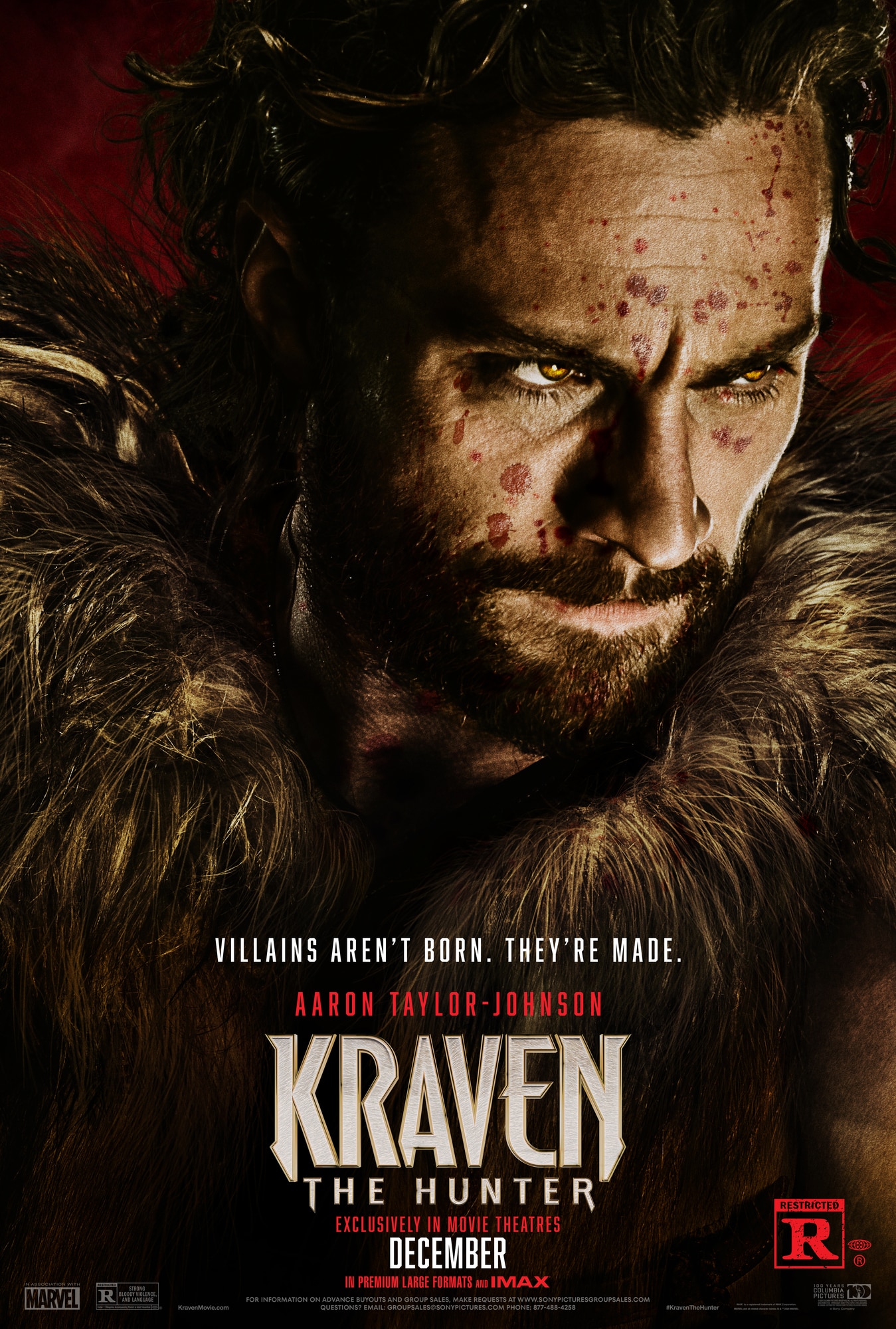 Movie poster for "Kraven The Hunter" featuring a close-up of a man with intense eyes and a rugged appearance, wearing a fur-lined outfit. Text reads "VILLAINS AREN'T BORN. THEY'RE MADE. AARON TAYLOR-JOHNSON. EXCLUSIVELY IN MOVIE THEATRES DECEMBER." Rated R. Marvel and Sony logos are present.