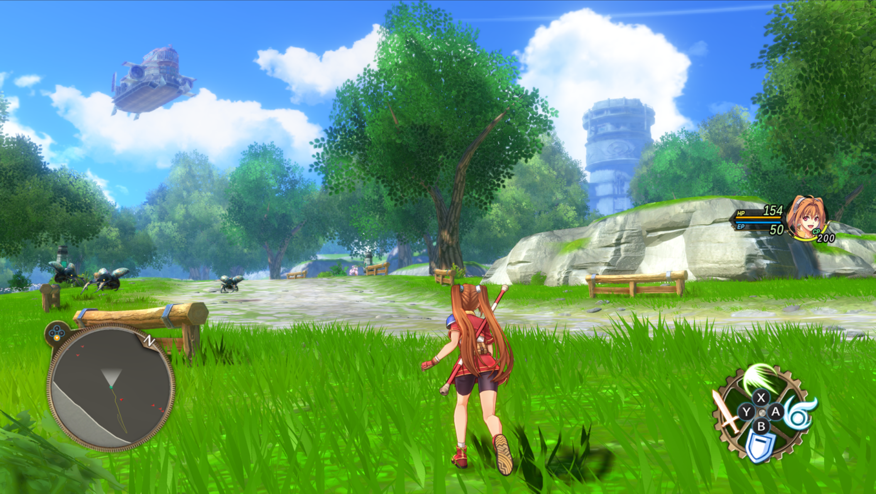 A girl with red hair and wielding a bow runs through a grassy field in a vibrant, open-world fantasy setting reminiscent of Trails in the Sky. There are trees, a stone tower, and a wooden bench. In the sky, there's a flying ship. On the interface, the player's health is at 154/200, and their name is shown as Atelier.