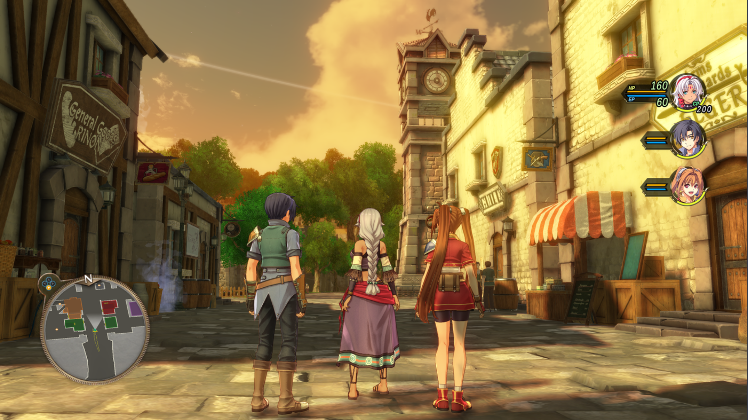 Three characters stand in a cobblestone street town with rustic buildings. Two of them have blue and white hair, adorned in fantasy-styled clothing, while the third character wears red attire. On the right side of the image, much like Trails in the Sky, character portraits and HP bars are displayed, resembling a video game interface.