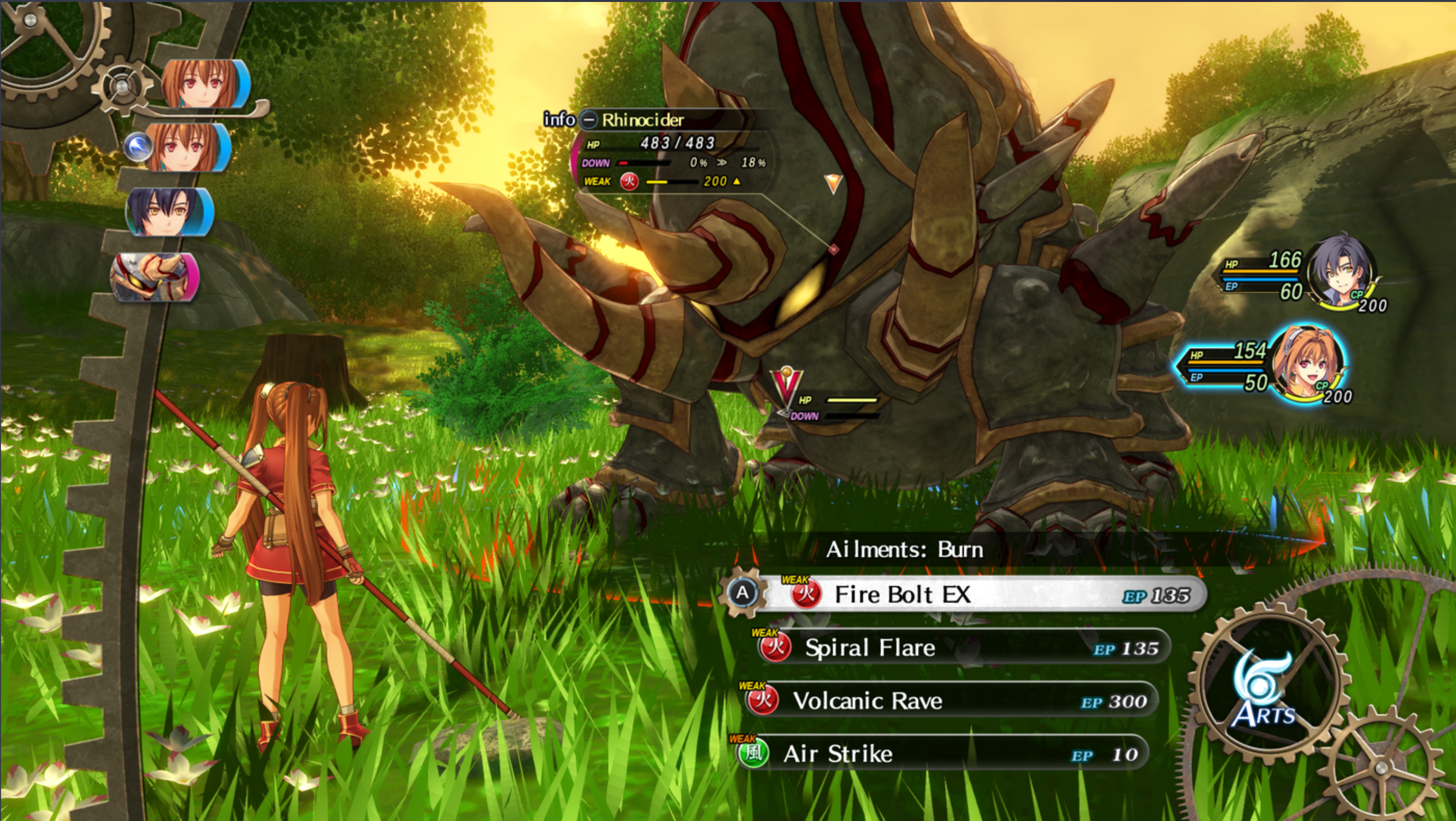 A fantasy RPG game scene reminiscent of Trails in the Sky features a battle between three characters and a large armored creature named "Rhinokider" in a field of tall grass and flowers. The screen displays various health stats and attack options, including Fire Bolt EX, Spiral Flare, Volcanic Rave, and Air Strike.