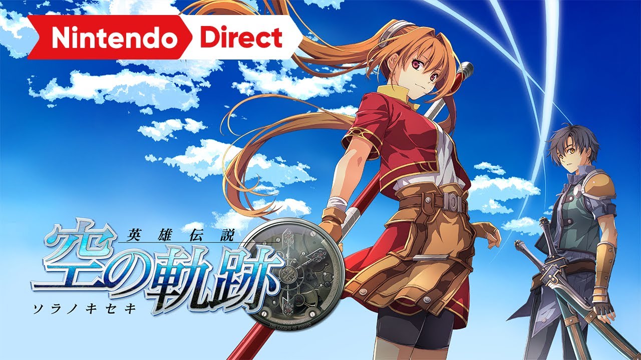 Anime-style image of two characters standing back-to-back under a blue sky. One has long reddish hair and a sword, wearing a red outfit with brown belts. The other has short dark hair and carries a staff, wearing a blue and beige outfit. "Nintendo Direct" and Japanese text are visible.