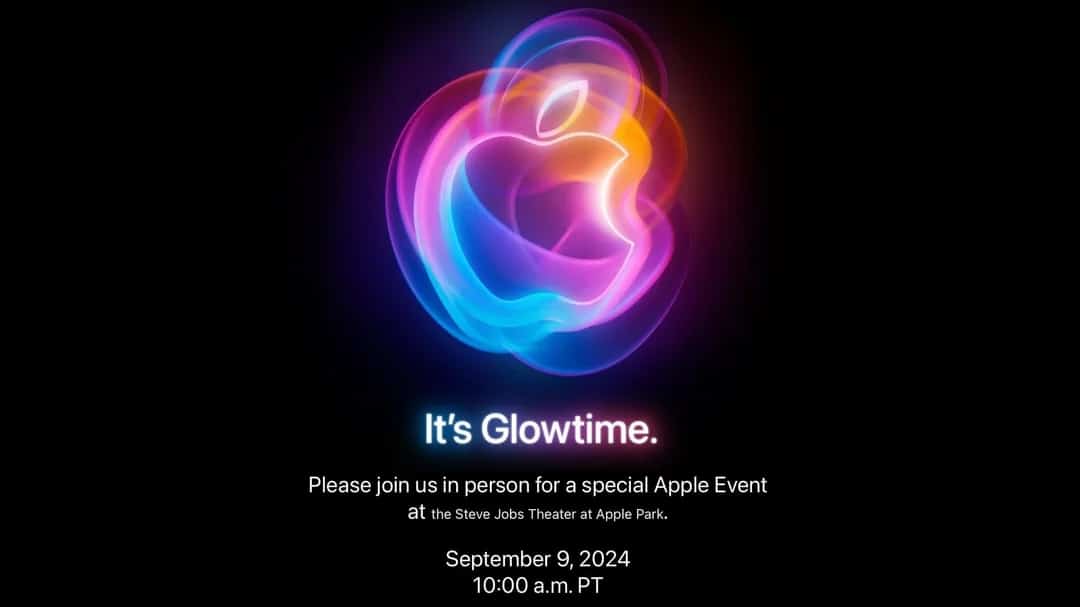 A vibrant Apple logo emits colorful, glowing hues on a black background. Below, the text reads: "It's Glowtime. Please join us in person for a special Apple Event at the Steve Jobs Theater at Apple Park. September 9, 2024 10:00 a.m. PT.